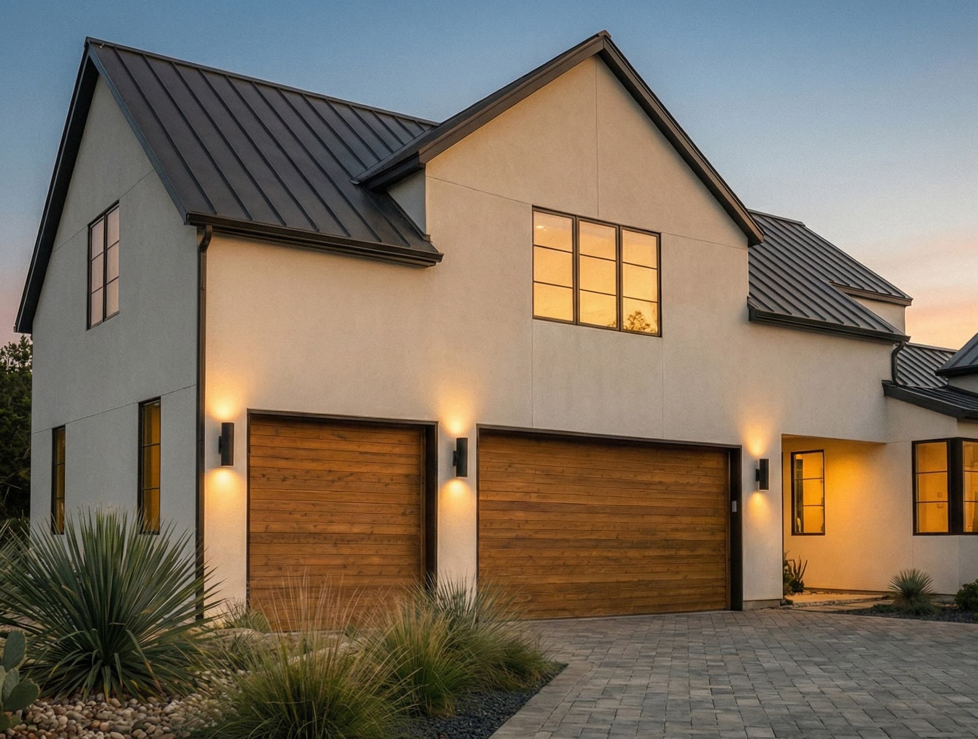 Spanish Oaks residence — exterior at twilight