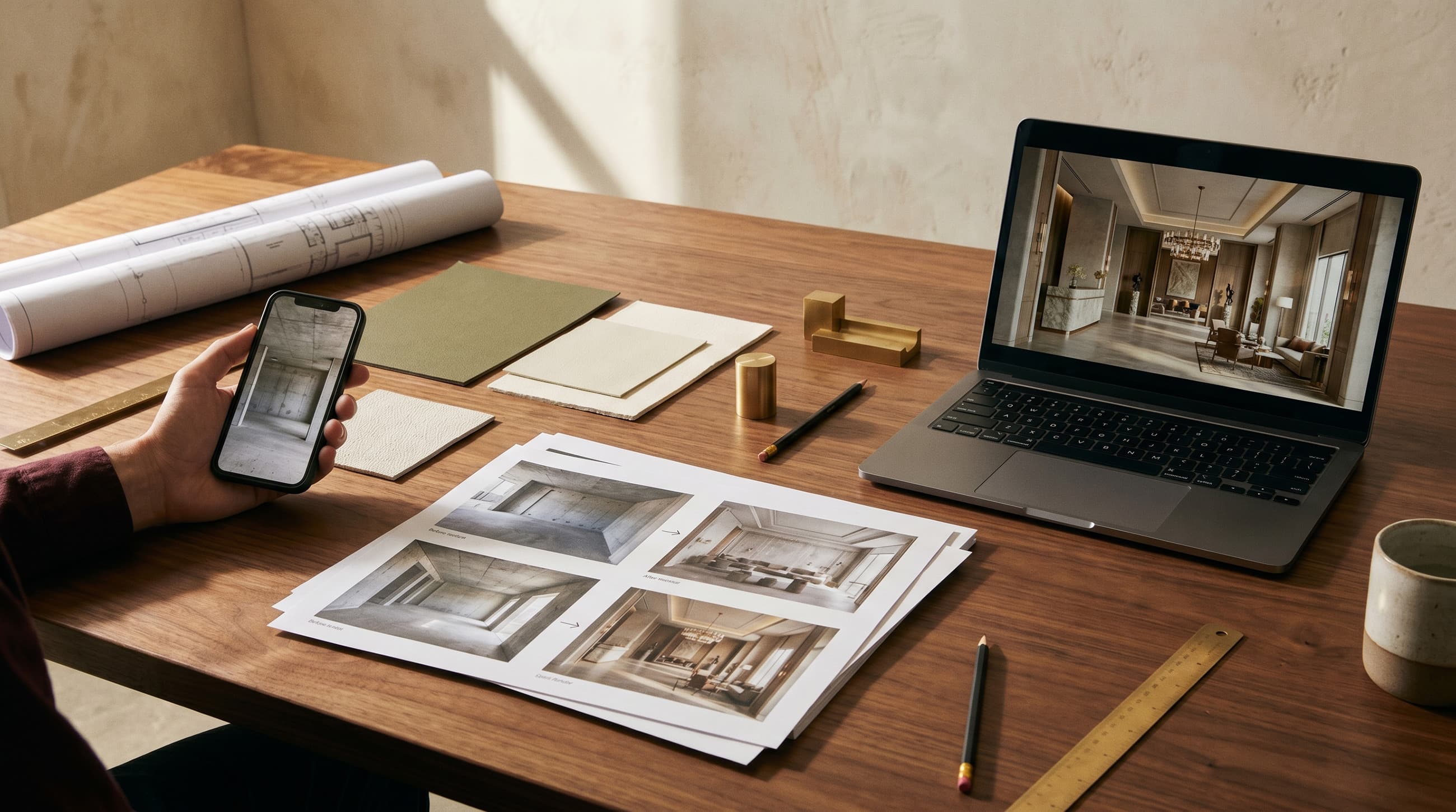 Raw inputs — site photos, drawings, renders — becoming a polished visual campaign